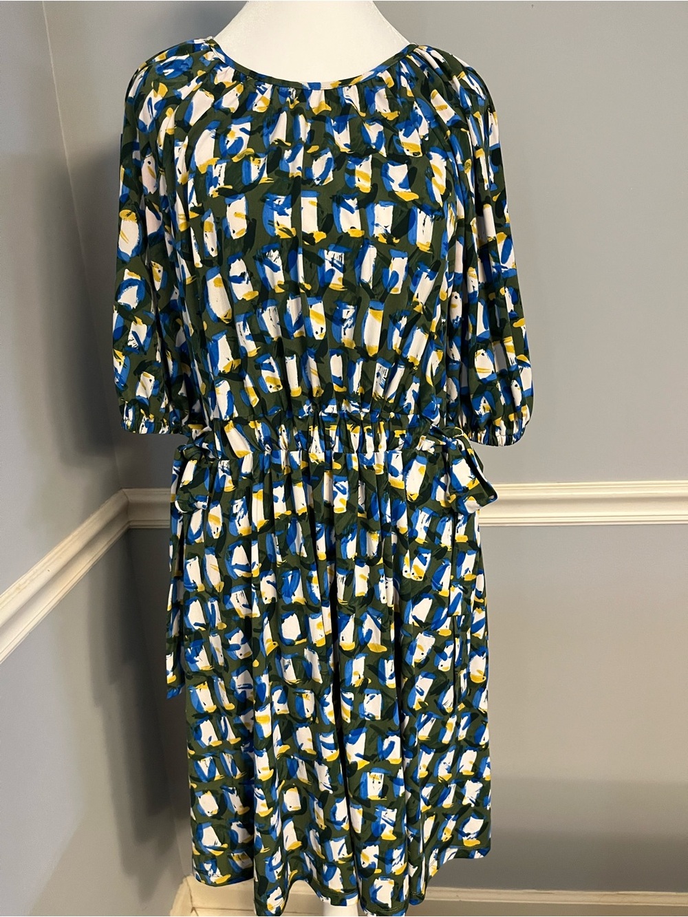 Maggy London Green Abstract Print Midi Dress with Blue & White Accents